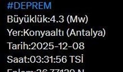 Antalya'da 4.3 büyüklüğünde deprem