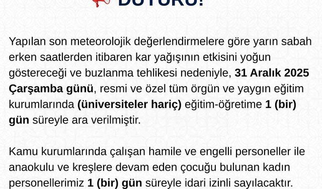 Tunceli'de eğitime 1 gün ara verildi