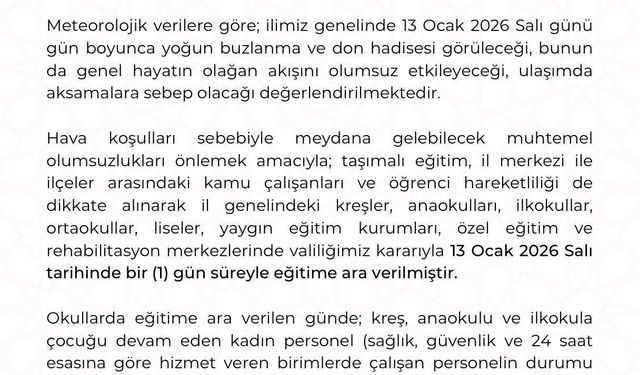 Kayseri'de eğitime 1 gün ara verildi