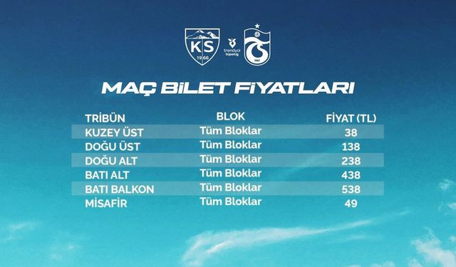 Kayserispor, Trabsonspor maçı bilet fiyatlarını açıkladı