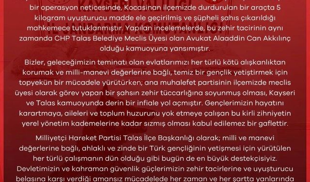 MHP'den uyuşturucuyla yakalanan CHP'li meclis üyesine tepki