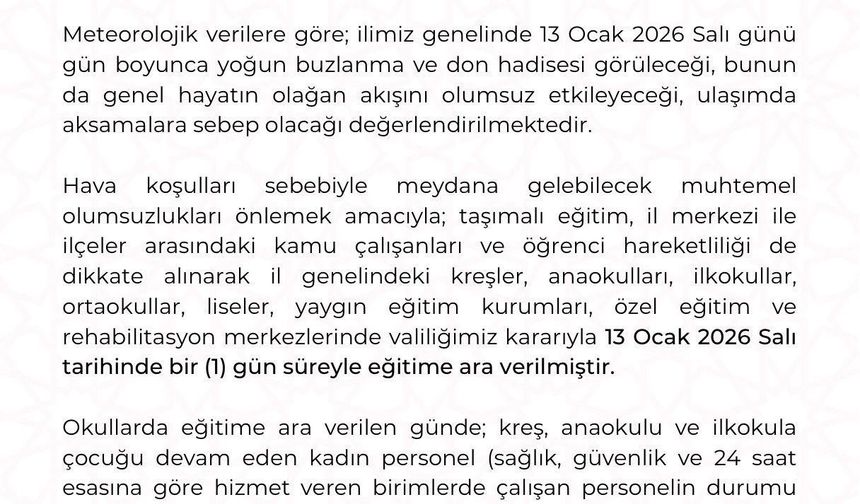 Kayseri'de eğitime 1 gün ara verildi