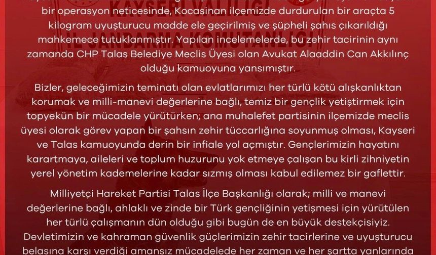 MHP'den uyuşturucuyla yakalanan CHP'li meclis üyesine tepki